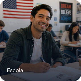 Homem sorrindo em uma sala de aula